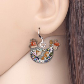 Enamel Alloy Cartoon Hen Chicken Earrings Drop Dangle Cute Farm Jewelry For Women Girls Charm Gift (Brown)