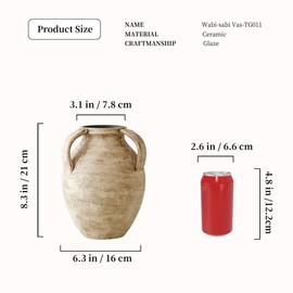 WUSEI Rustic Watertight Ceramic Flower Vase for Home Decor, Three Handle Pottery Vase, Hand Textured Decorative Vase for Fresh or Dried Flowers, Farmhouse Wabi Sabi Decor (Stone Vein)