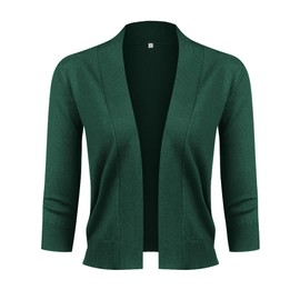 URRU Women's Classic 3/4 Sleeve Open Front Cropped Cardigan Sweater Lightweight Knit Short Shrugs Dark Green XXL