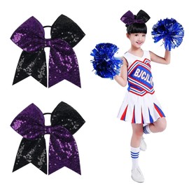 2 Pcs Cheer Bows, Cheer Hair Bows, Cheer Accessories, Purple and Black Hair Bow, Cheer Bow, Cheer Bows Set, Sequin and Sparkle Ponytail Accessories for Cheerleading, Dance (Purple, Black)