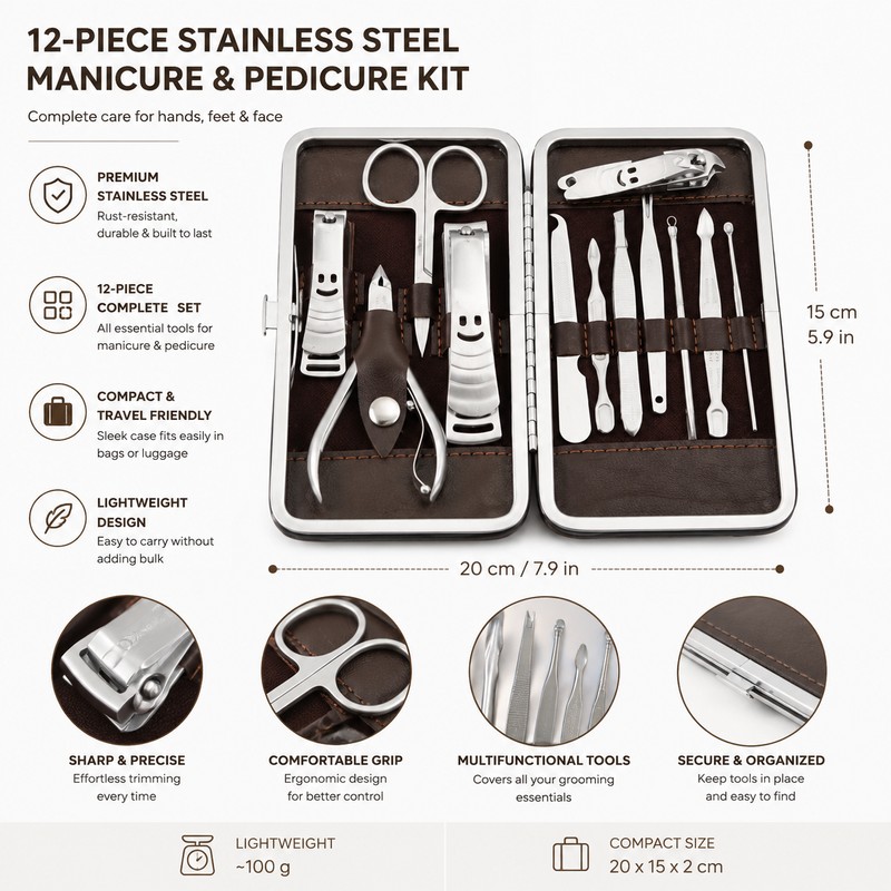 12-Piece Nail Grooming Kit for Manicure and Pedicure – Stainless