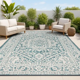 JONATHAN Y Medallion Weave Indoor Outdoor Area Rug 9X12 Teal Blue/Gray, Sinjuri Textured for Backyard, Patio, Porch, Easy-Cleaning, High Traffic, Pet-Friendly, Non-Shedding (SMB101C-9)