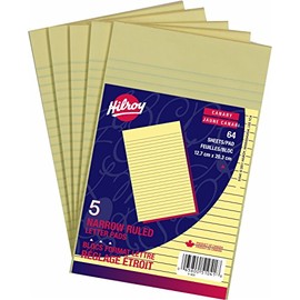 Hilroy 51041 Small Letter Pads, 5x8-Inch, Narrow Ruled, Canary, 64-Sheets Each, Pack of 5