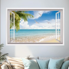 HPNIUB 3D Beach Wall Stickers,3D Sea View Wall Art for Living Room,Landscape Broken Wall Sticker,Beach Coconut Tree Wall Decal,Sea Scenery Wall Mural Sticker for Bedroom Bathroom Decor (Window1)