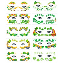 HIFANMM Green Shamrock Face Temporary Tattoos St Patrick's Day Face Tattoos, Green Clover Hat Lip Face Tattoo Stickers for Women Girls Lucky Green Eye Makeup Kit Irish Day Parade Party Decor 10 Sheets