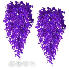 Hamiledyi Fake Reptile Plants 2 Pack Hanging Fake Plants, Plants for Reptiles with Suction Cup, Fake Amphibian Plants for Bearded Dragon Lizard Geckos Chameleon Tank (Purple)