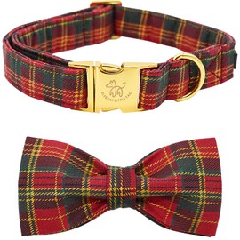 Elegant Little Tail Christmas Dog Collar - Red Plaid Holiday Pet Bow Collar, Adjustable for Small Dogs, Girls and Boys