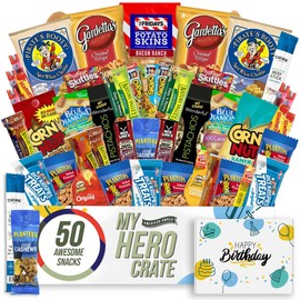 Military Birthday Men's Hearty Snack Box ( 50 Piece Variety Gift Basket Care Package ) Jerky, Nuts, Chips, Pretzels, Variety Pack - My Hero Crate