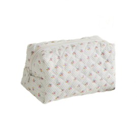 Quilted Makeup Bag, Cute Floral Cosmetic Bag for Women, Cotton Make Up Bag, Flower Travel Toiletry Bag Organizer Floral-7