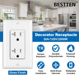 BESTTEN 20 Pack 20 Amp Decor Wall Receptacle Outlet, 20A Tamper-Resistant (TR) Electrical Outlet with Wallplate, Residential and Commercial Use, White