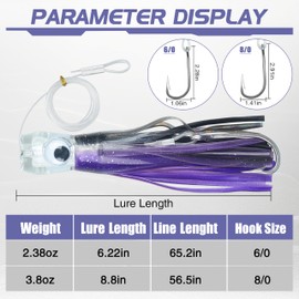 Trolling Lures Saltwater Fishing Lures Offshore Big Game Trolling Lures for Marlin Mahi Tuna Dolphin Wahoo Deep Sea Fishing Lures Rigged with Leader Hooks Squid Skirt