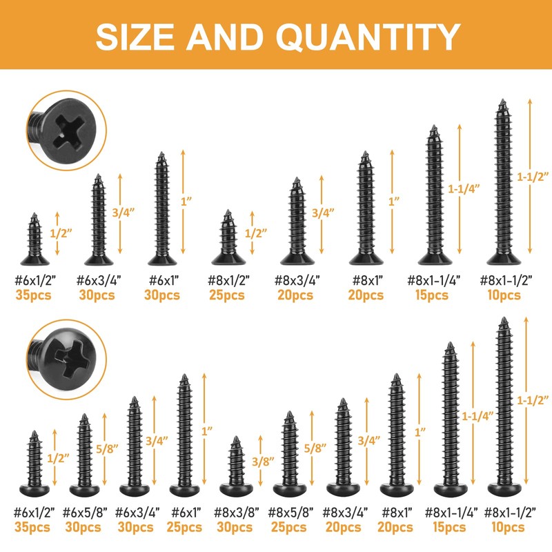VIGRUE 425PCS #6#8 Black Wood Screw Set, Black Oxide 304