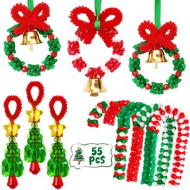 AWHETIE Christmas Crafts for Adults,55 Sets Christmas Beaded Ornament Kit,Including 20 Pcs Christmas Wreath with Bell/5 Pcs Tree/30 Pcs Candy Cane,Holiday Tree Decorations Party Supplies