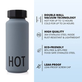 Design Letters insulated stainless steel water bottle | 500 ml | Double Walled vacuum flask for hot and cold water | Thermos flask for travel and gym | BPA and BPS-free | Grey water bottle