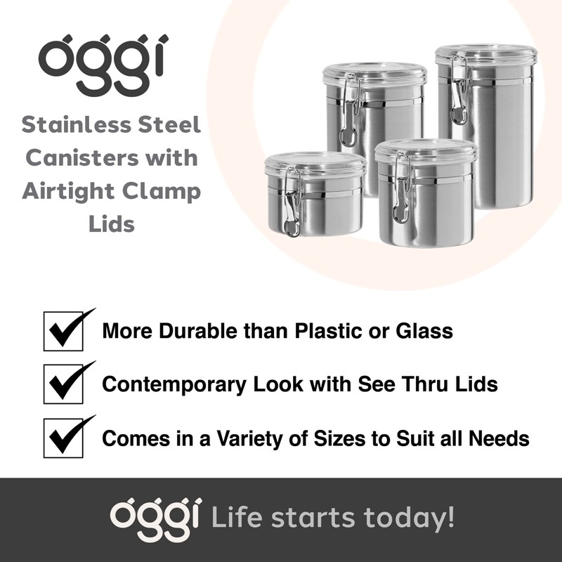 Oggi Set of 4 Stainless Steel Kitchen Canisters - Airtight
