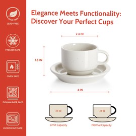 Sweese 2.5 Ounce Porcelain Stackable Espresso Cups with Saucers and Metal Stand Set of 4, Dove Grey