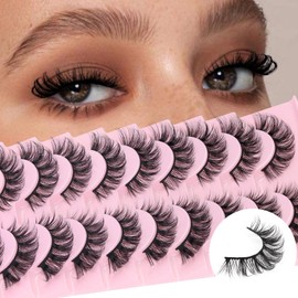 Veleasha Russian Strip Lashes D Curl False Eyelashes Fluffy Wispy Faux Mink Lashes 10 Pairs Pack (D07)