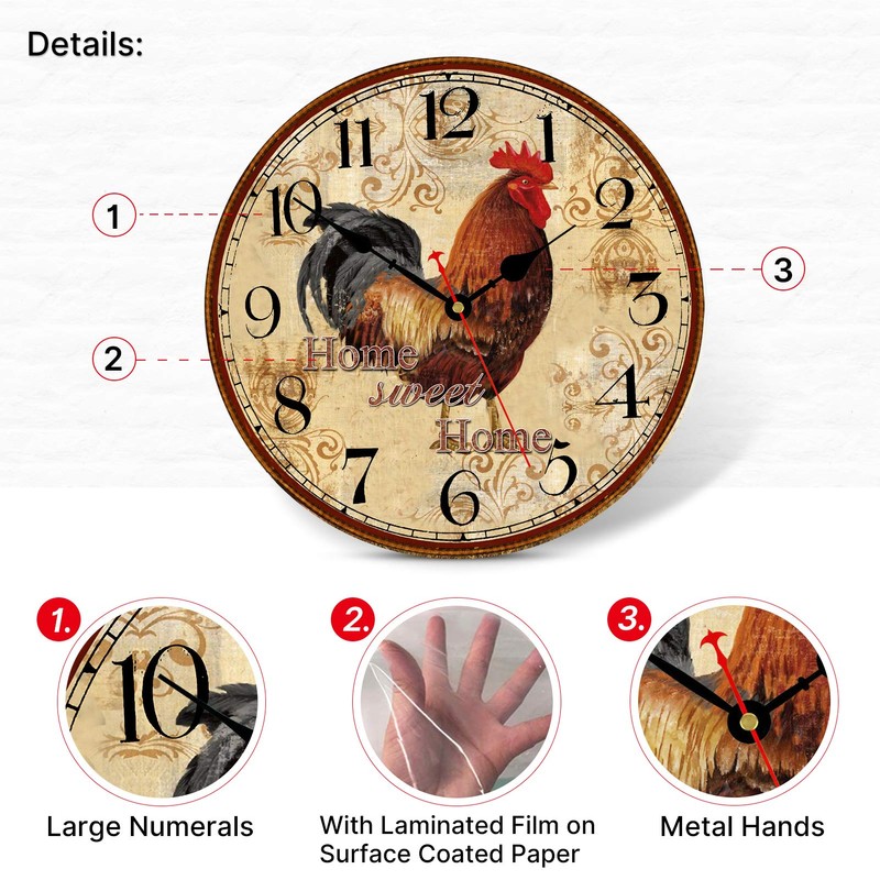 TAHEAT 14 Inch Rustic Rooster Wall Clock Retro Silent Non