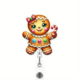 Gingerbread Women Badge Reel Christmas Cute Candy Bow Retractable Badge Holder Acrylic Nurse Badge Reels Cute Christmas Badge Clip for Women Nurse Doctor Office Worker Badge Decoration