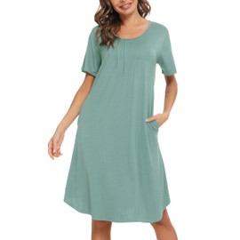 Vlazom Womens Nightdress Soft Pleated Nighties Modal Short Sleeve Nightshirts Nightgown Sleepwear with Pockets,Dusky Green, M