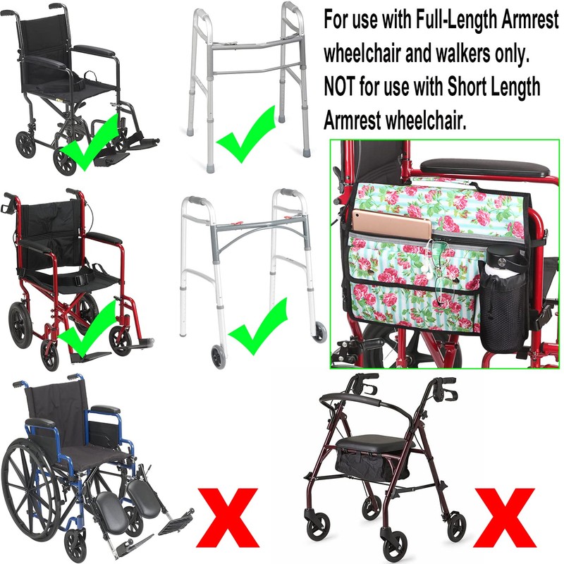 Wheelchair Storage Bag, Wheelchair Double-Sided Armrest Pouch with Cup Holder