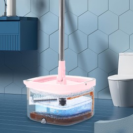 Spin Mop and Bucket with Separate Compartments for Clean and Dirty Water New 2025 Upgraded Version w/Side Brush and Self Standing Handle, Smart Square Mop w/ 2 Machine Washable Microfiber Pads, Rose