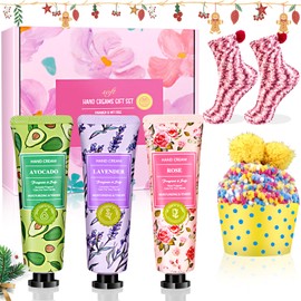 Gifts for Women, Christmas Gifts Set 3 Christmas Hand Cream and 2 Pairs Cuddly Socks Women, Hand Cream Set Small Advent Calendar Gift Set for Girlfriend Mum Birthday Anniversary Valentine's Day