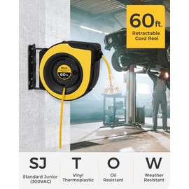 WILAWELS Retractable Cord Reel, 60 FT Heavy Duty Extension Cord, 12AWG/3C SJTOW, 3 Grounded Outlets Lighted Triple Tap, 15A Circuit Breaker, Wall/Ceiling Mounted, UL Listed, Yellow Y60CR06