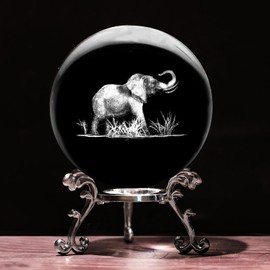 3D Elephant Crystal Ball with Stand Lase Engraved Glass Sphere Paperweight Elephant Decor Gift