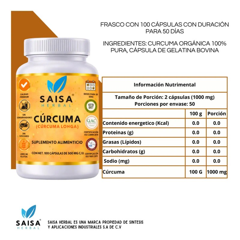 Cúrcuma Orgánica 100 Cápsulas Pura Suplemento Alimenticio Antiinflamatorio Natural Digestión