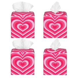 Pink Heart Preppy Aesthetic Tissue Box Cover Square Pu Leather Tissue Holder Facial Tissue Case Facial Paper Organizer Dispenser for Home Bedroom Dresser Night Stand Office Desk Car