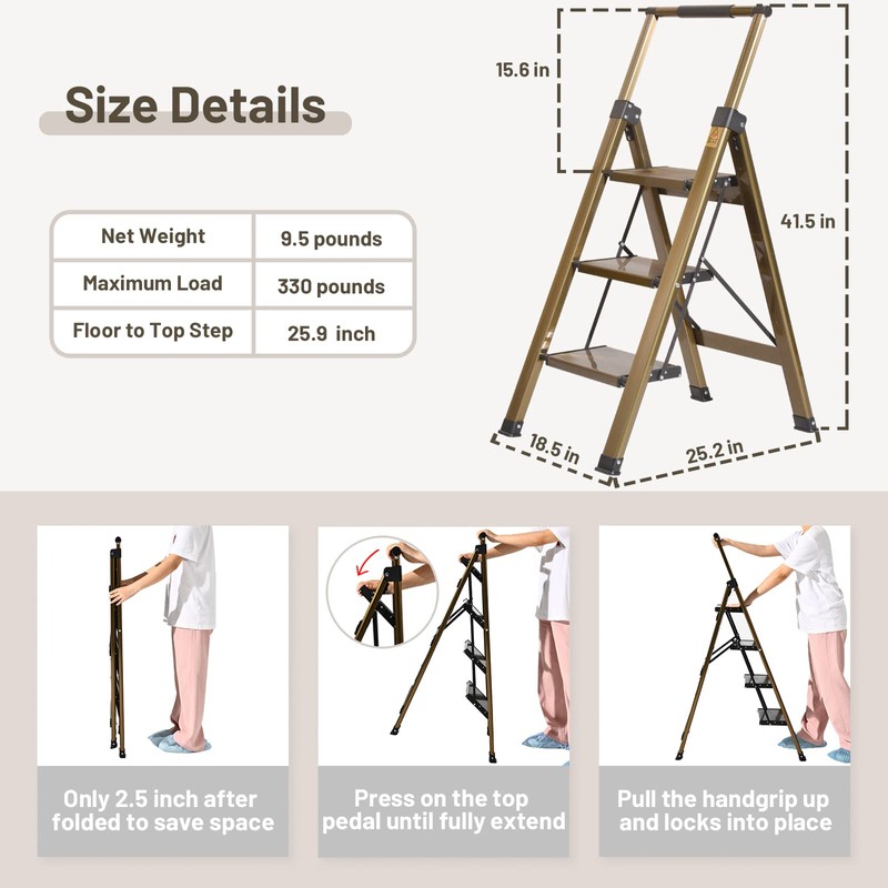 XinSunho 3 Step Ladder, Aluminum 3 Step Stool with Retractable
