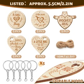 25 Pcs Little Pocket Hug Wooden Hearts Token with Hole Rope Keyring Ornaments Wood Bear Pocket Hug Engraved Token Gifts Thinking of You Present for Friend Family DIY Home Decoration