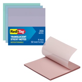 Redi-Tag Translucent Sticky Notes, Transparent Self-Stick Notes, 3" x 3", Pastel Colors, 4 Pads, 50 Notes Per Pad, 200 Sheets (1006593)
