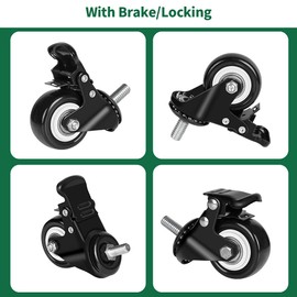 8T8 2 Inch Caster Wheels With Brake, PU Casters Set of 4, Heavy Duty, 3/8”-16x1”(Screw Diameter 3/8", Length 1") Threaded Stem Swivel Casters, Mount Industrial Castors, Multi Nuts Choice