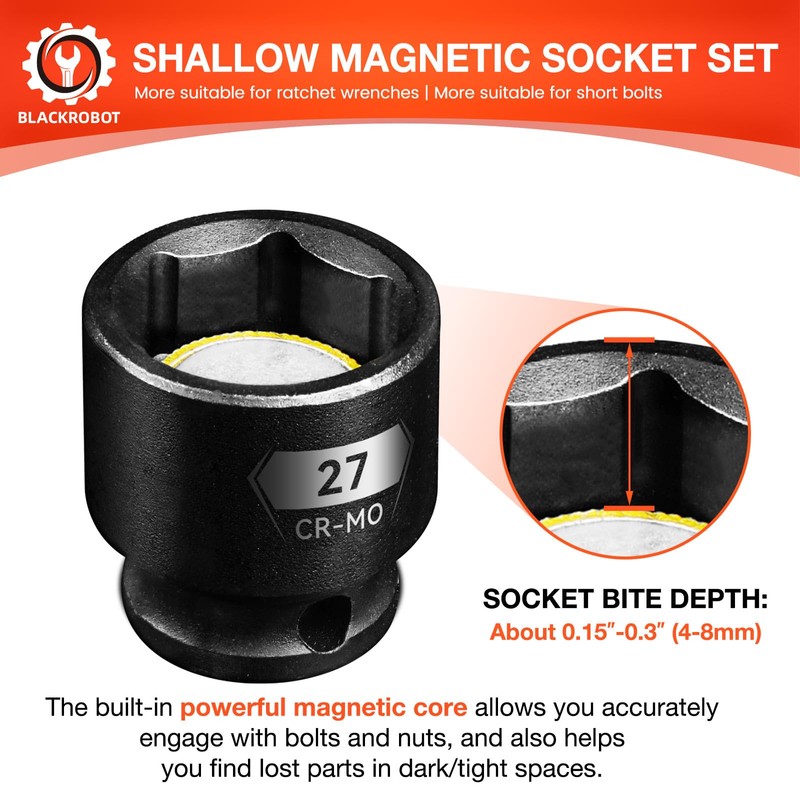BLACKROBOT 1/2" Drive Magnetic Impact Socket Set, 15-Piece Shallow Socket