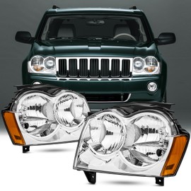 Reinko Headlights Assembly Compatible With 2005 2006 2007 Jeep Grand Cherokee Chrome With Amber, For 05 06 07 Jeep Grand Cherokee Halogen Type Replacement Headlamps