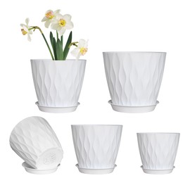 Plastic Plant Pots with Drainage Holes and Saucers, 8/7/6/5/4 Inches Garden Plant Flower Pots for Indoor Planter, 5 Pack Nursery Planting Pot for Indoor & Outdoor House Plants (White, 8/7/6/5/4)