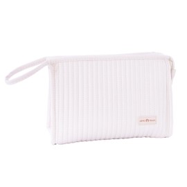 Taysis Small Makeup Bag Simple Cosmetic Pouch, Water Resistant PU Striped Leather Portable Travel Toiletry Bag with Handle for Women and Girls (Creamy White)