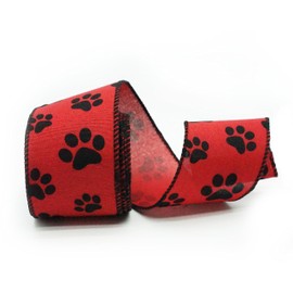 Red and Black Paw Print Wired Edge Ribbon, Burlap Dog Cat Pet Paw Ribbon Wired for Wreath, 2.5” x 10 Yards (30 Feet) (red&Black)