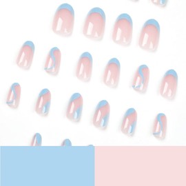JUSTOTRY 24 Pcs Cute Almond Oval Shape Press on Nails,Medium Length with Blue Swirl French Designs Fake False Nails with Glue,Short Nail Art for Women and Girl Stick on Nails