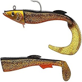 Berkley PowerBait Power Sandeel - Saltwater Soft Bait Fishing Lure for Bass, Pollack, Cod, Ling and Wrasse - Paddle Tail & Curl Tail Supplied, Gold Motoroil