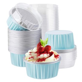EUSOAR Aluminum Cups with Lids, 50pcs 5oz 125ml Foil Cupcake Baking Cups, Muffin Liners Cups with Lids, Disposable Foil Ramekins Pans, Aluminum Foil Cupcake Holders