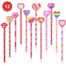 Konsait 1 Dozen (12) Valentine Pencils Assortment with Giant Eraser Topper Decorated with Love Hearts,Lips for Valentine's Day School Party Favor Supplies Accessories Goodie Bag Filler Teacher Gift