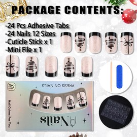 24Pcs Christmas Nails Press on Nails Medium Square French Tip Fake Nails with Glue Black Christmas Tree Bows Acrylic Nails Design Full Cover French Tip False Nails Stick on Nails for Women Girls