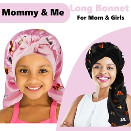 2 Pcs Long Kids Bonnets for Girls,Silky Satin Bonnet for Sleeping Kids, Silk Bonnet for Kids Braids,Long Hair (B-Butterfly Black+Pink)