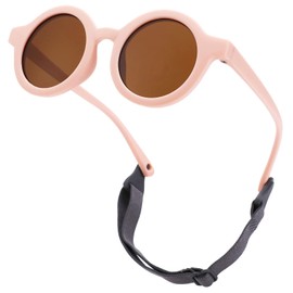 COASION Baby Polarized Round Sunglasses Flexible Rubber Shades with Strap for Toddler Newborn Infant Ages 0-24 Months (Pink/Brown)