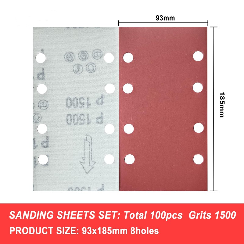 Wanmutrun Rectangular Detail Sandpaper 100Pcs Sander Pads 93x185MM Grit 1500