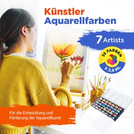 7 Artists Classic Watercolour Paints Pink Gallery Set 35 x Bowls Vibrant Colours, High-Quality Artist Watercolour in Multi-Purpose Metal Box with Mixing Palette, Artist Watercolour Box, Watercolour