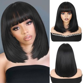 Quick Wig Short Bob Wig with Bangs Straight Layered Bob Wig for Women Glueless Black Wigs Heat Resistant Synthetic Short Wig for Daily Cosplay Use 14 Inches